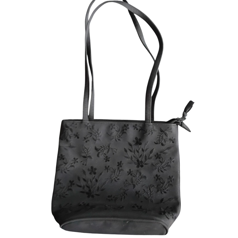 Black Floral Embroidered Shoulder Bag Zip Top Tote with Exterior Pocket